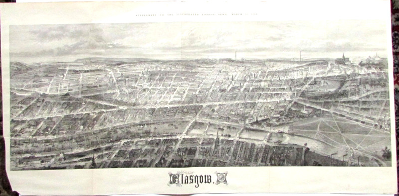 BIRDS EYE VIEW OF GLASGOW (1864) - THOMAS SULMAN PANORAMA PRINT LONDON NEWS