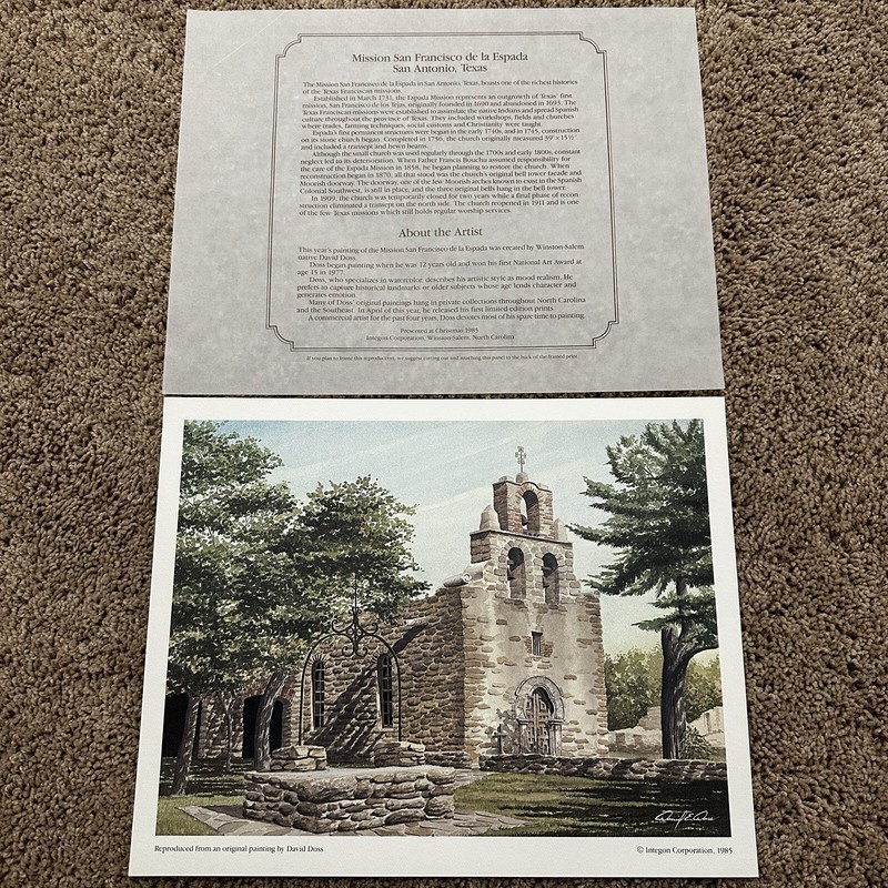 Vtg 1985 Mission San Francisco de La Espada San Antonio Texas TX Painting Print