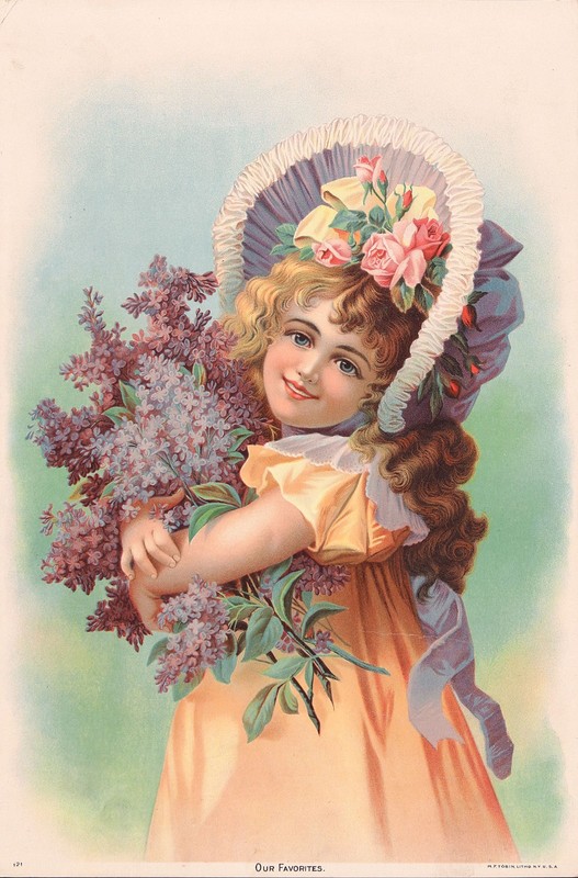 ANTIQUE XRare 19thC Circa 1890s Children's Chromolitho Girl Lilacs OUR FAVORITES