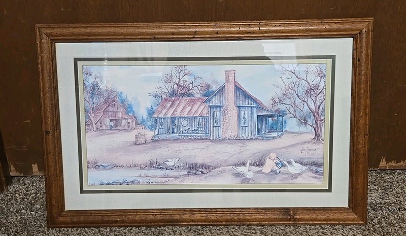 Vtg Ava Freeman Framed Print Homestead Farm House Boy Feeding Ducks 22x14”