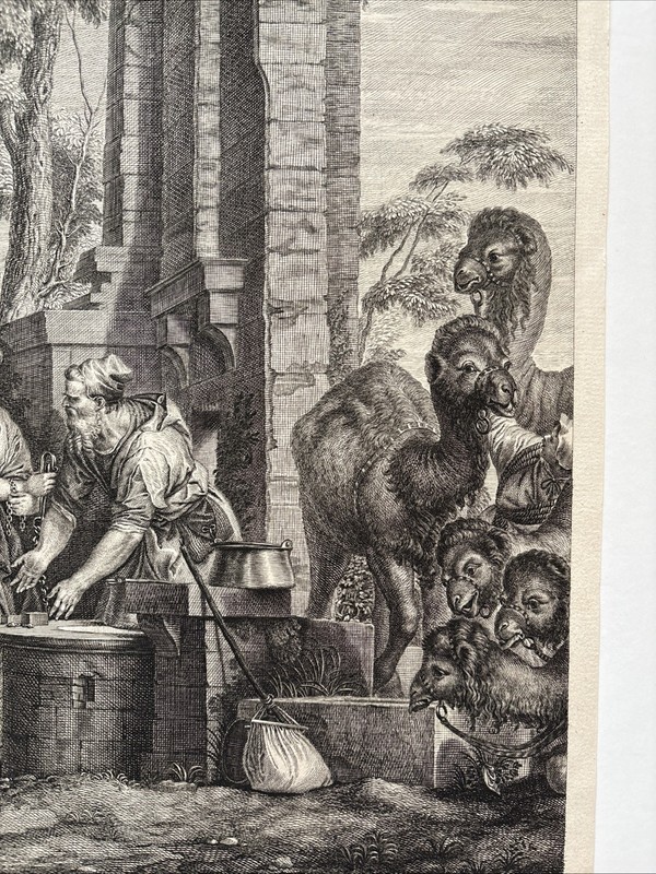 Antique biblical scene of Rebecca at the well Camel Engraving Jean Moyreau 1742 gallery