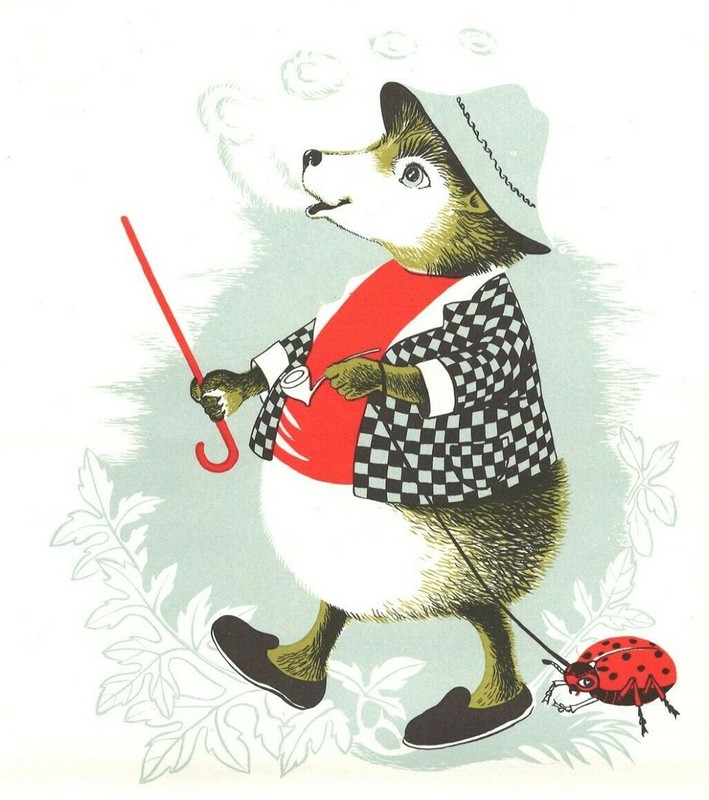 Antique Color Print (1960) #393 – Papa Corkey Hedgehog Walking Pet Ladybug
