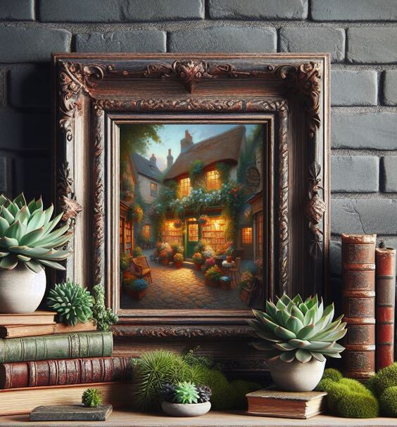 England Village Town cozy Cottage Bookstore Oil painting print poster wall art gallery