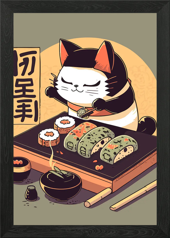 sushi cat chef japan Framed Wall Art Poster Canvas Print Picture