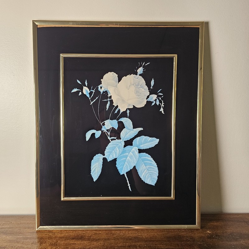 Vintage 80s Marsel Floral Wall Art White Roses Black Background Gold Frame MCM