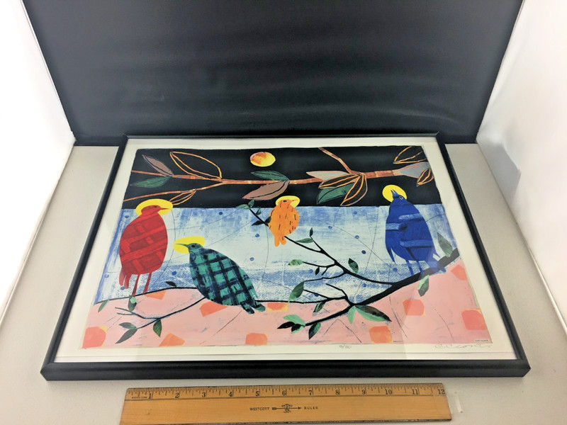 Curt Clonts Signed Serigraph Ed 5/30 Birds Folk Art Kansas Artist 16 x 12 Framed gallery