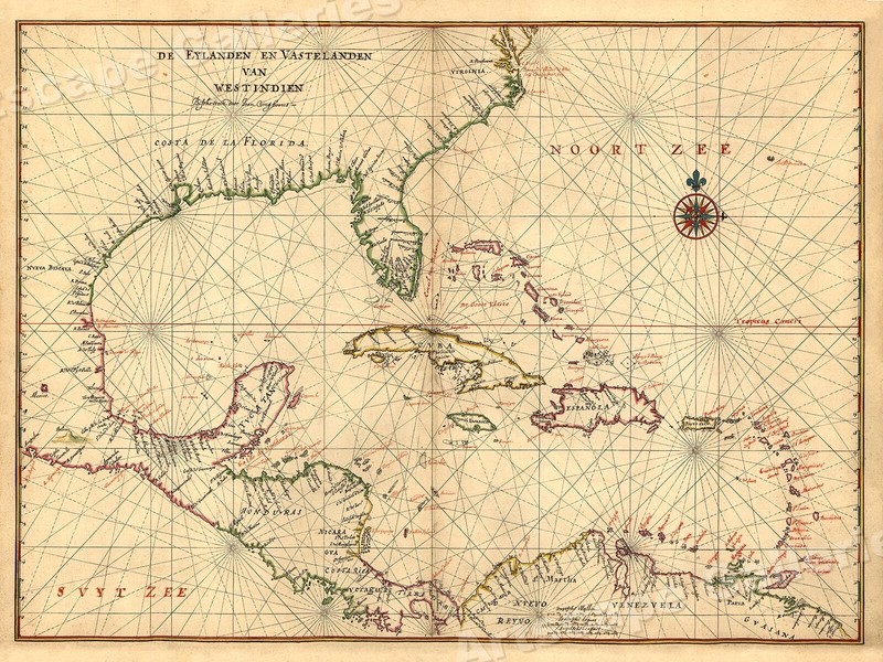 1639 “Islands and Mainland of the West Indies” Vintage Style America Map – 20×28