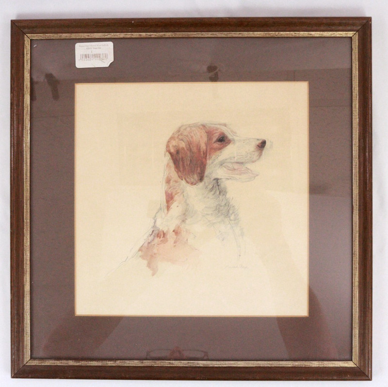 Vintage Framed & Signed Print of Breton Spaniel by Mads Stage 35x35cm