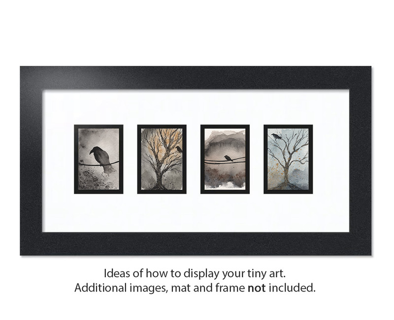 ACEO Original Watercolor Ink Crow Raven Bird on Wire Moody Atmospheric Dark Land gallery
