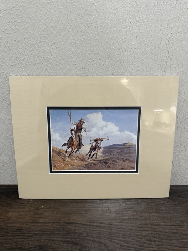 New Sealed Western American Cowboy Roping Cattle Longhorn Artwork Print Matted