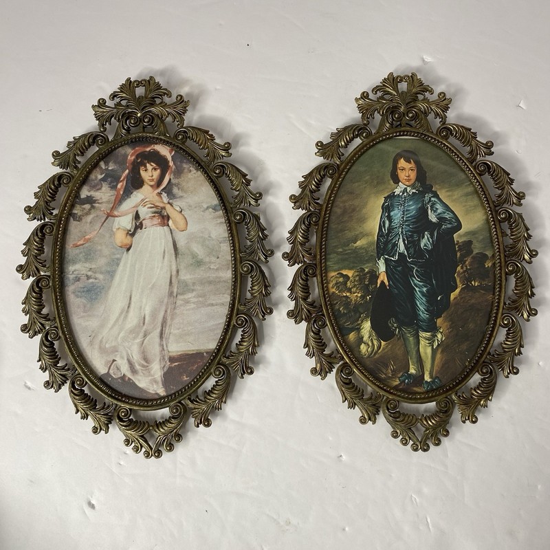 Vtg Oval Ornate Metal Frames Glass Pinkie & Blue Boy Made In Italy 9×6”
