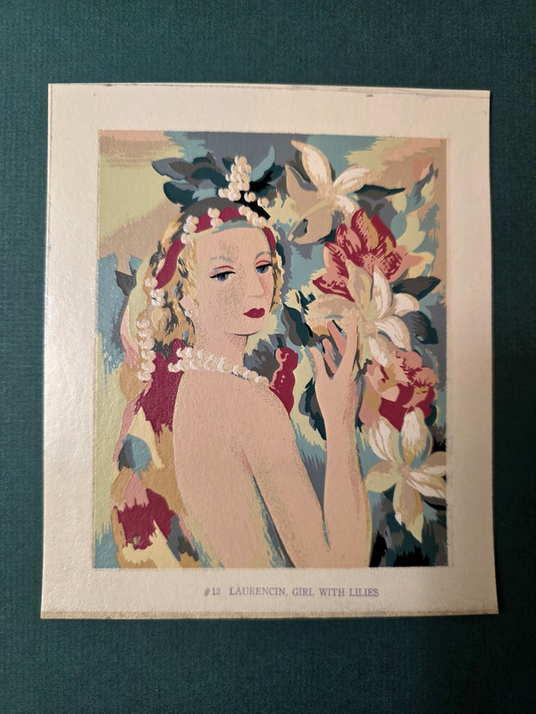 LAURENCIN Antique MINIATURE Silk Screen – Art Print Girl with Lilies MCM
