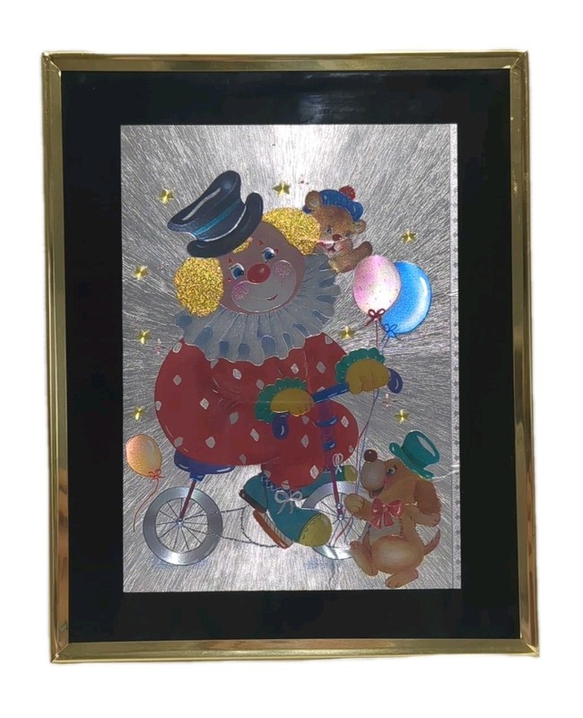 Thomas L. Cathey Dufex Foil Polychrome Clown On Bicycle Gold Tone Framed 8″x10″