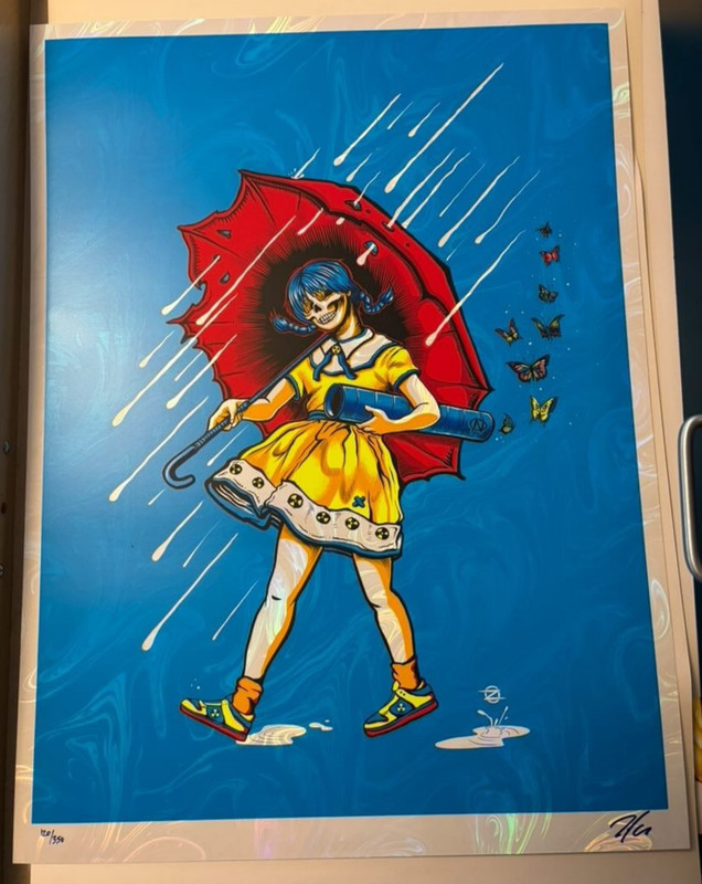 Sue Nami “Singing In The Acid Rain” Art Print Zoltron White Swirl Foil ☂️☂️☂️