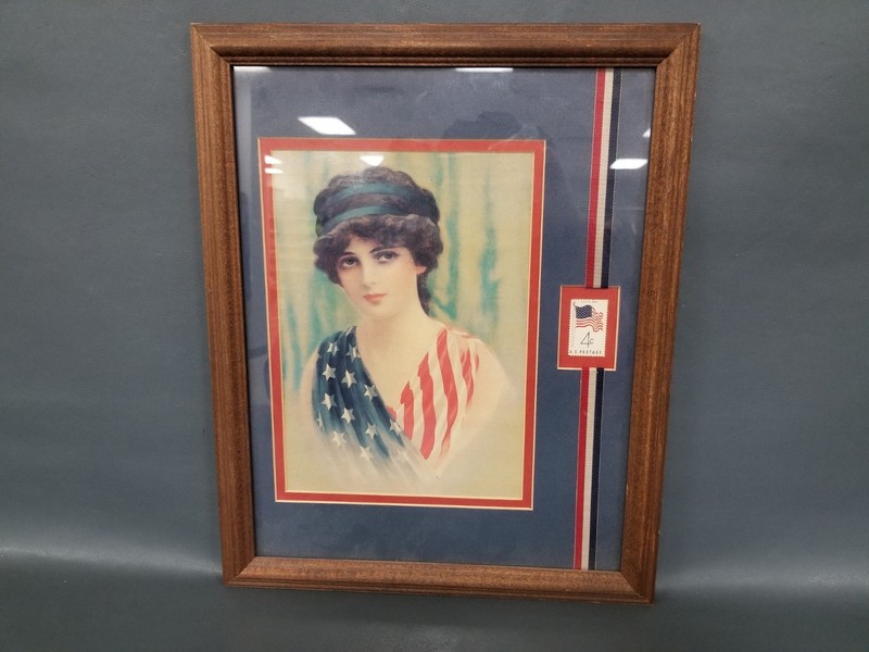 Framed Vintage Print Woman Wearing American Flag w/ 4 Cent Stamp 1960