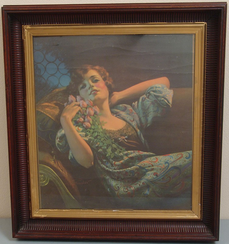 Large Antique 1920s Framed Gene Pressler Print in Antique Frame