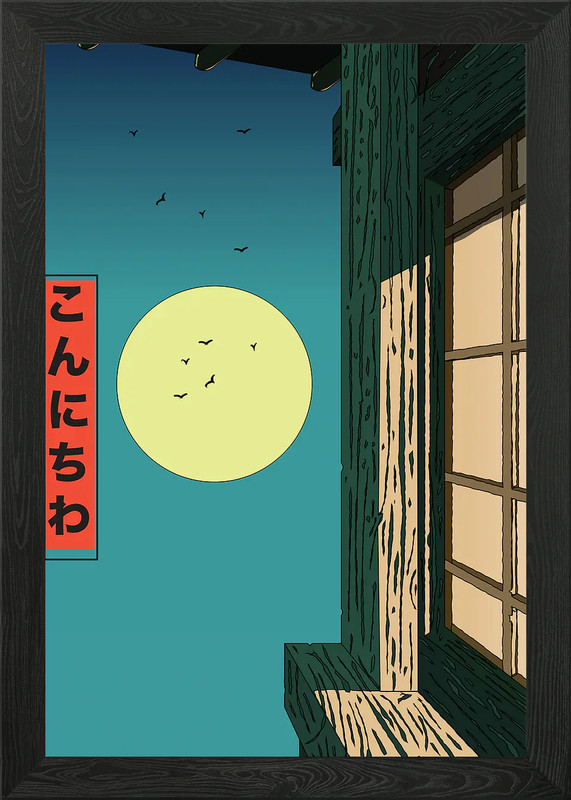 Japanese Window Moon Framed Wall Art Poster Canvas Print Picture
