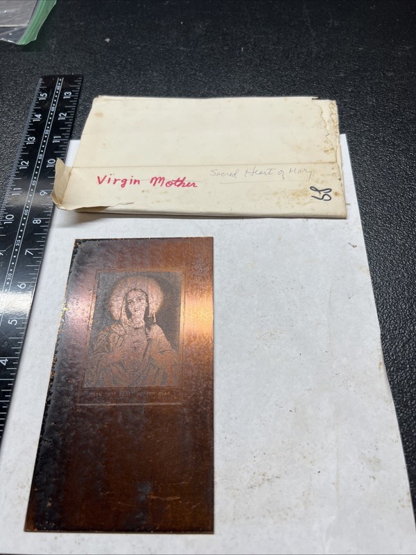 89 Art Etching ENGRAVING COPPER PLATE Paper SACRED HEART OF MARY ANGEL HALO OLD