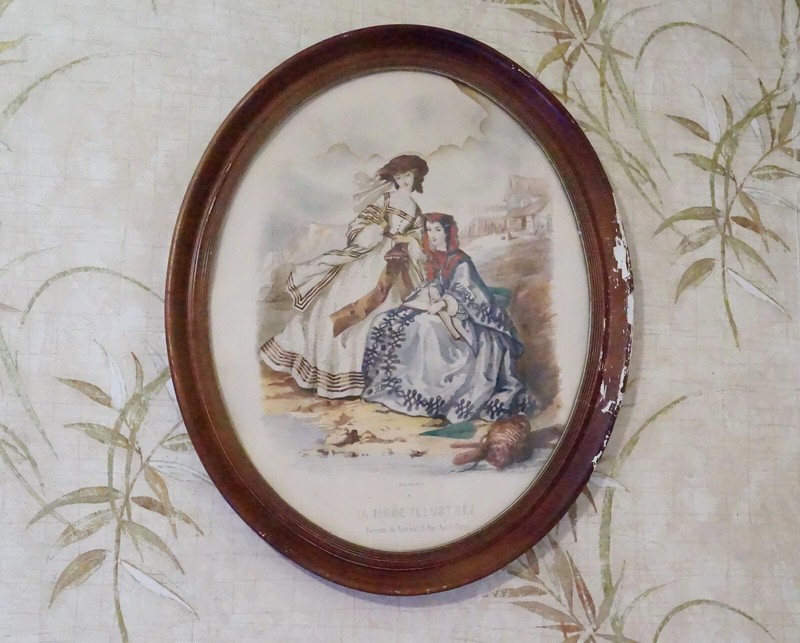 Large Oval Framed La Mode Illustree Hand Colored Fashion Print, Anais Toudouze gallery