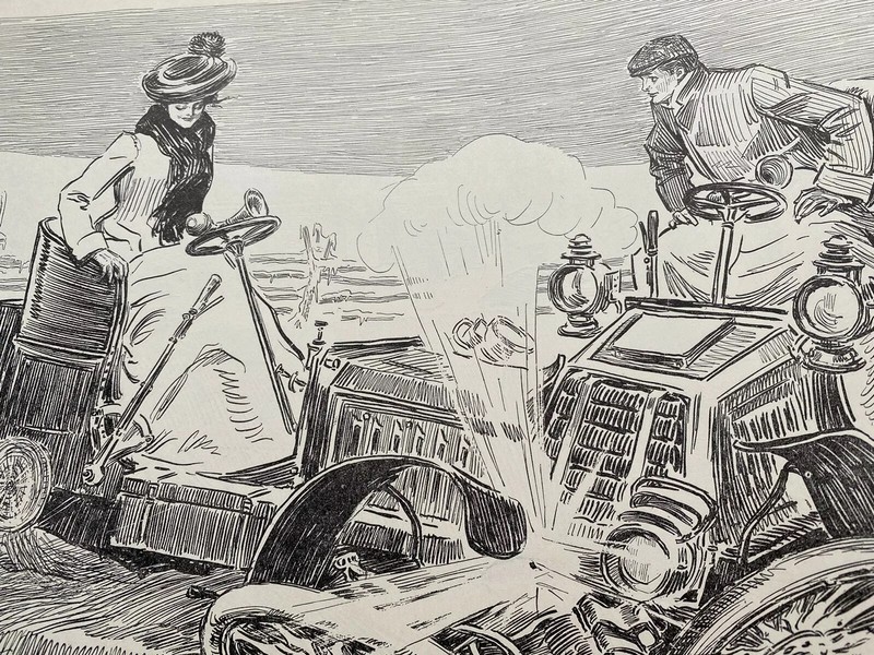 1900’s Vintage Print Smoking Room Model A Car Crash Charles Gibson ANTIQUE PAPER