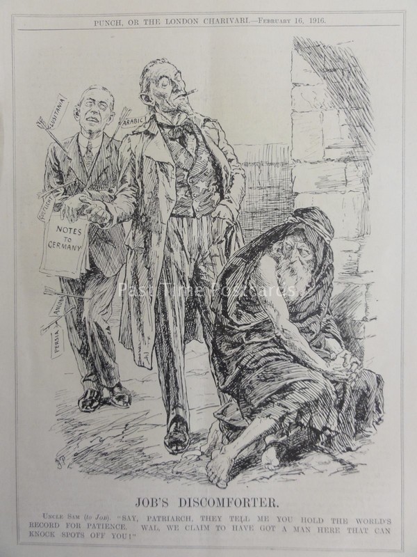 WW1 1916 JOB DISCOMFORTER UNCLE SAM NOTES TO GERMANY Punch Cartoon 16th February