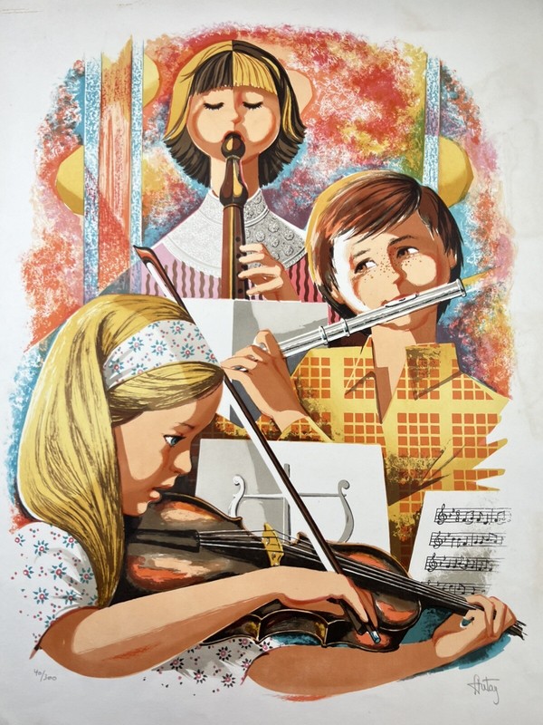 Autay Serigraph Music Class Children Playing Flute Violin Oboe Signed 25×20”