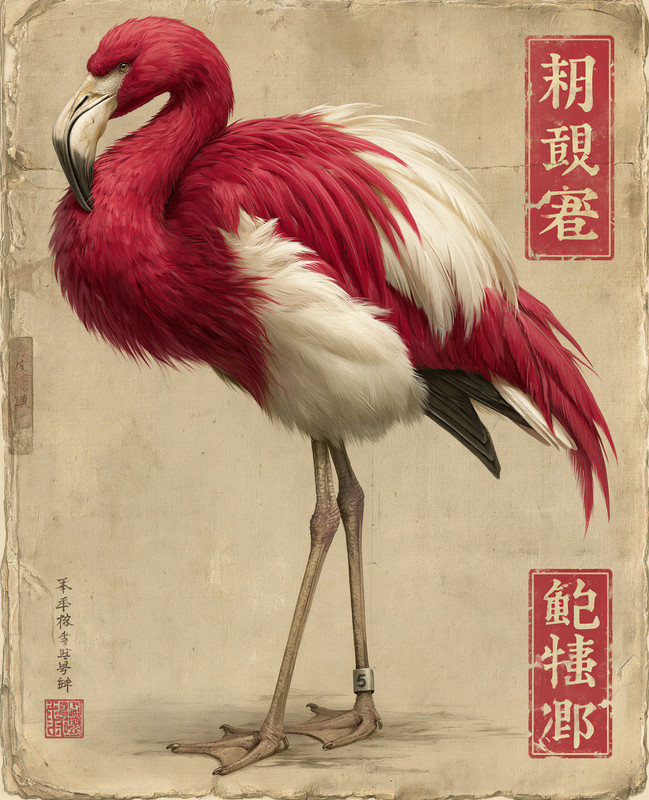 8×10 Red and White Crane Scroll Art Print – 500863386