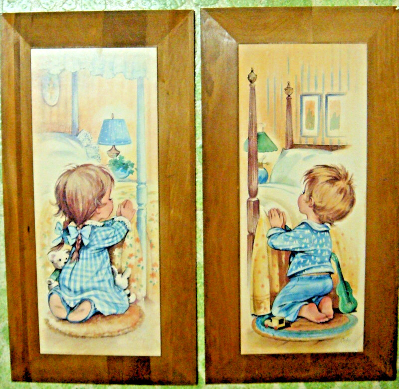2 Vintage COBY Litho Prints on Solid Wood – «BEDTIME PRAYERS» – a 1979 Classic