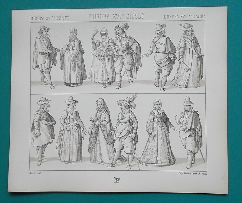 FASHION 16th C Belgium Florence Milan Portugal Italy- Tinted Print by A. Racinet
