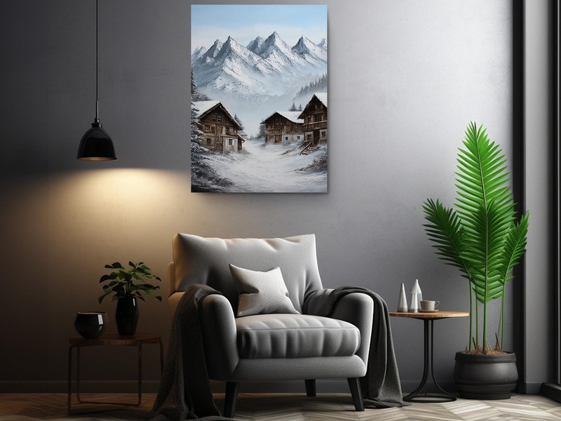 Winter Landscape Canvas Rustic Cabin Snowy Mountain Alpine Village Art gallery