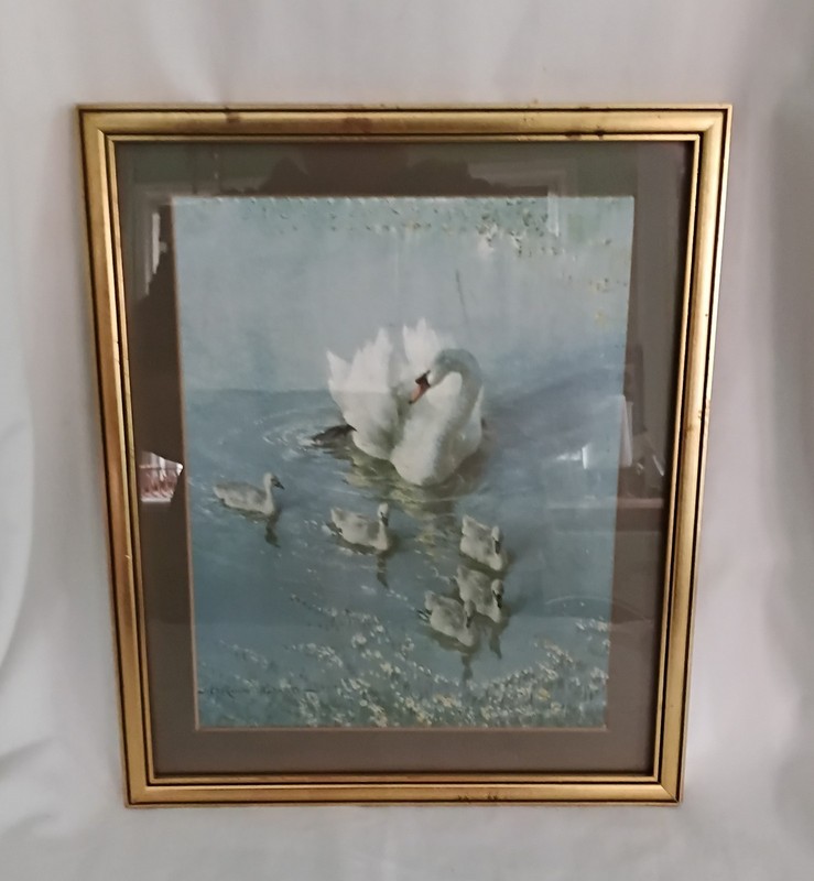 Vintage Mid Century Vernon Ward swan & cygnets silk print in gold frame 12.75″