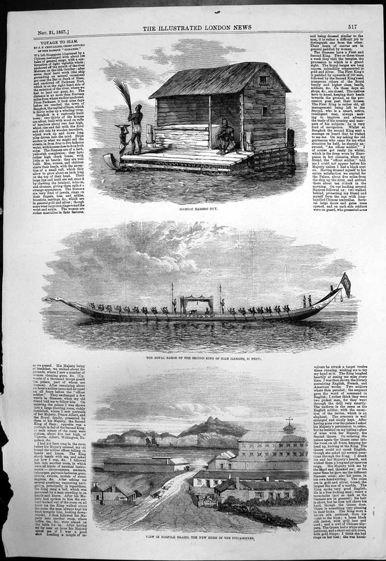 Antique Old Print Siam Bamboo Hut Royal Barge Norfolk Island Pitcairners 1857