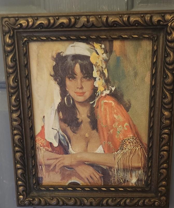 MCM 1970s Spanish Lady Portrait Board Print Ornate Syroco Styrene Frame