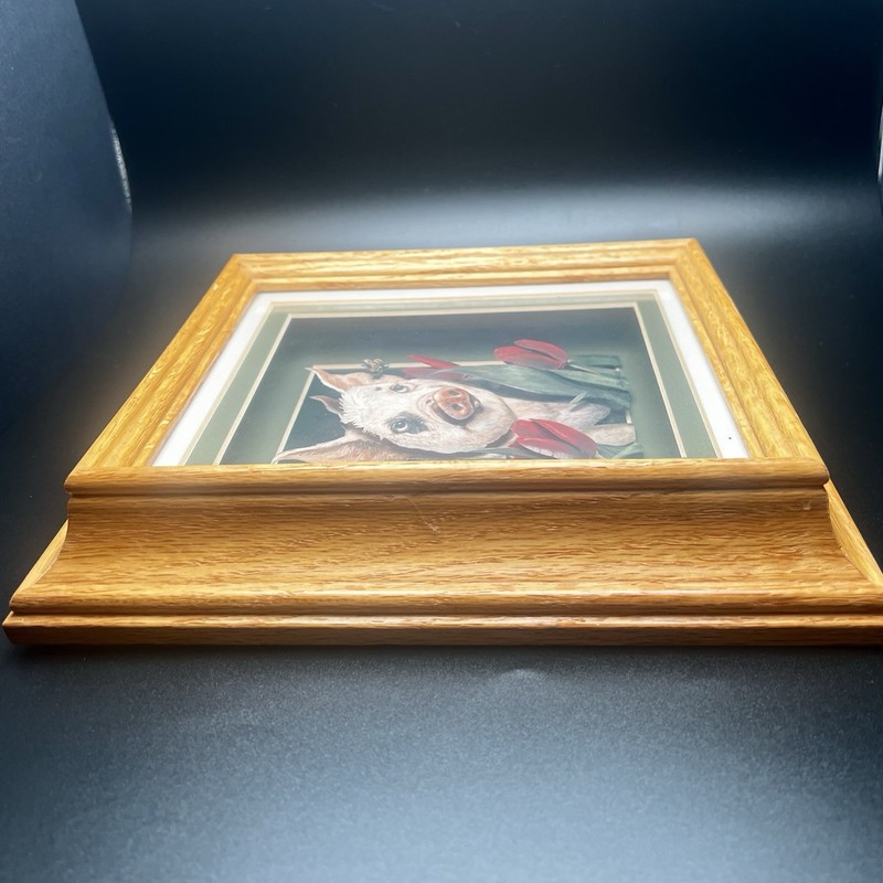 Joy Campbell Paper Tole Art Print Matted Framed Black-Eyed Pig in Red Tulips gallery