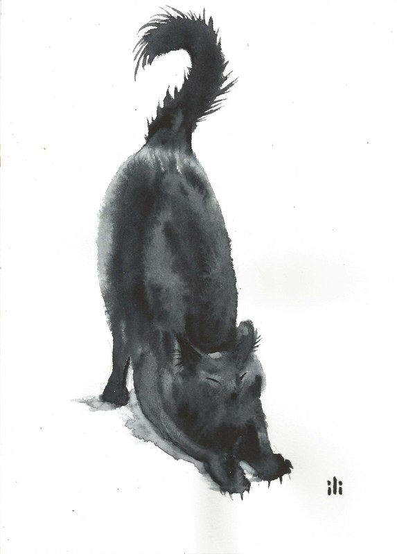Watercolour Black Cat Painting Art Print from Original by ili