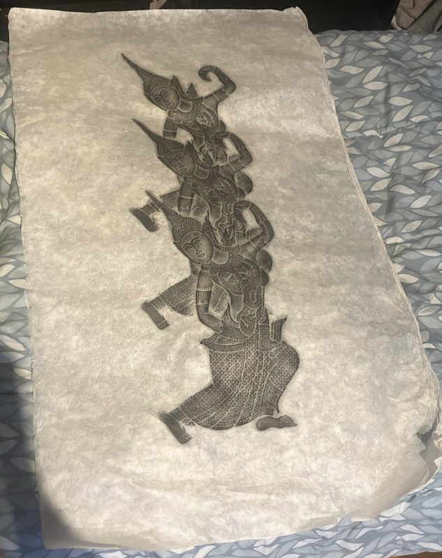 Angkor Wat Thai Cambodian Black Temple Rubbing Dancing Figure 24” X 37” Unframed