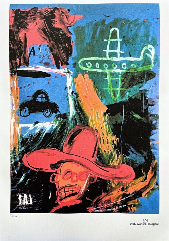 JEAN-MICHEL BASQUIAT – Man with car and aeroplane – signed, 251/300, 50x70cm