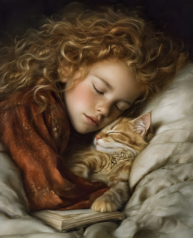 8×10 Cozy Storybook Girl with Curly Hair Art Print Cottagecore – 397279170