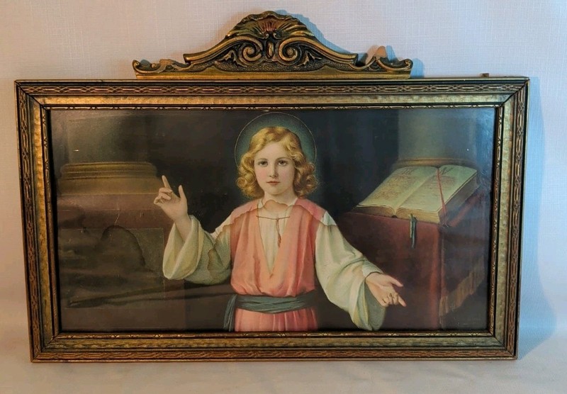 Antique Religious Framed Picture Ornate Frame Bible Print 1920s Vtg Christian