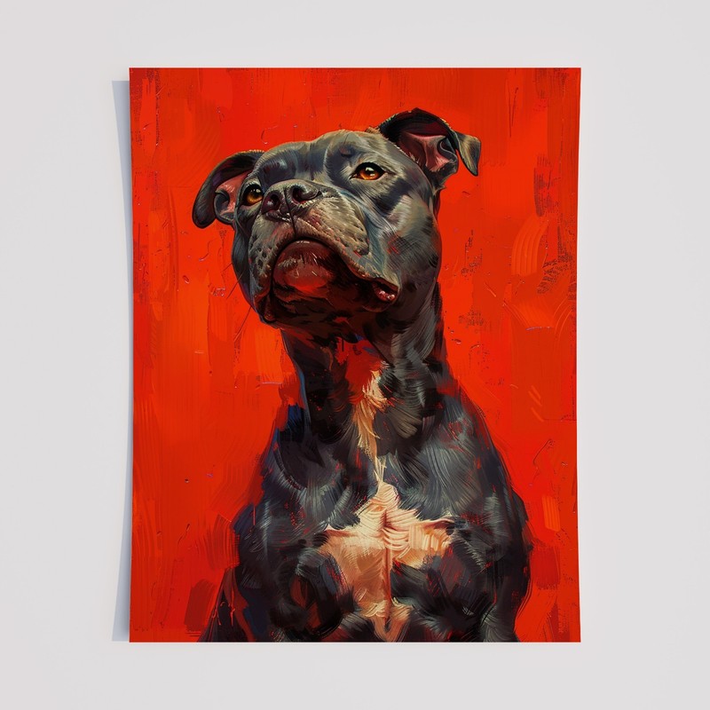Powerful Pitbull Wall Art Print – Bold Red Background – Dog Portrait Poster