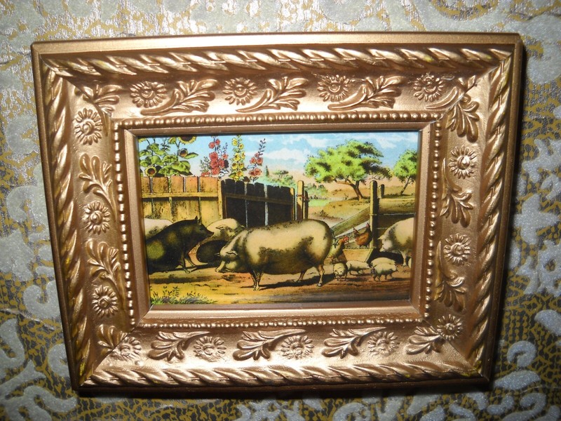PIGS IN BARNYARD very Small 2 1/2 X 3 1/2 gold WOOD framed Victorian style print