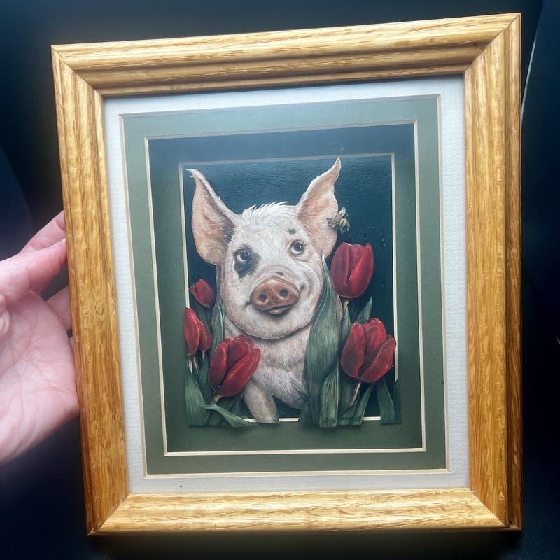 Joy Campbell Paper Tole Art Print Matted Framed Black-Eyed Pig in Red Tulips