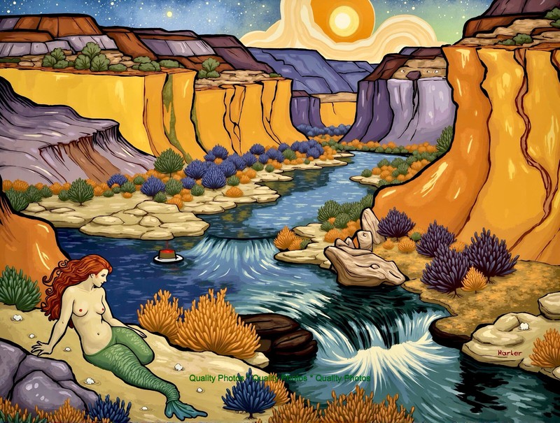 River Mermaid in Canyon 8.5×11″ Photo Print Style Vincent Van Gogh / Harker Art