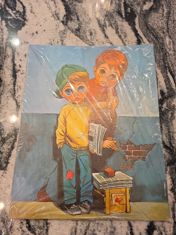 Vintage 1960s Mid Century Big Eyes Boy Print Signed EVE MCM Pop Art Kitsch