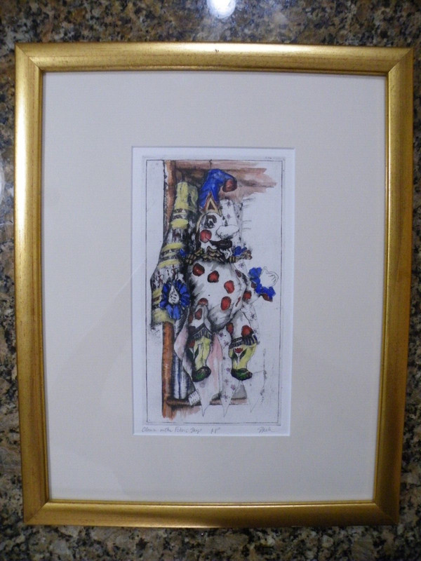 Framed Print Artist Signed Clown In The Fabric Shop 15-1/4" x 22-1/4" FREE SHIP