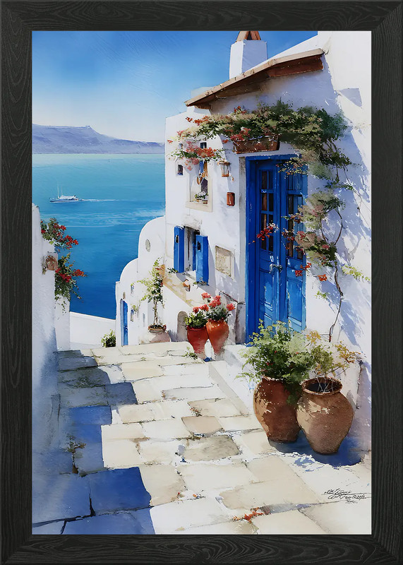 Greek Island Village Watercolor Pai Framed Wall Art Poster Canvas Print Picture