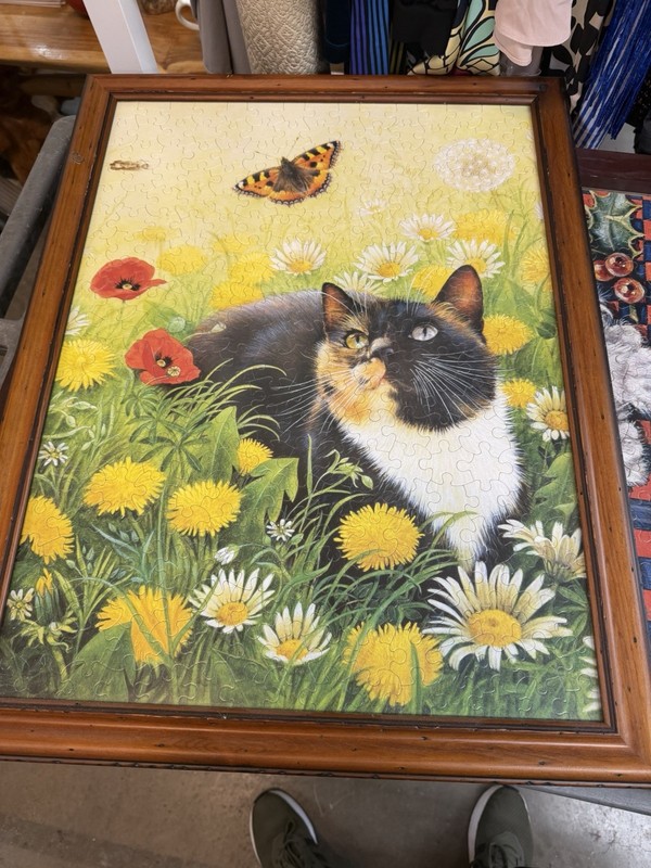 Framed Cat Art Print with Flowers & Butterfly Landscape Single Piece