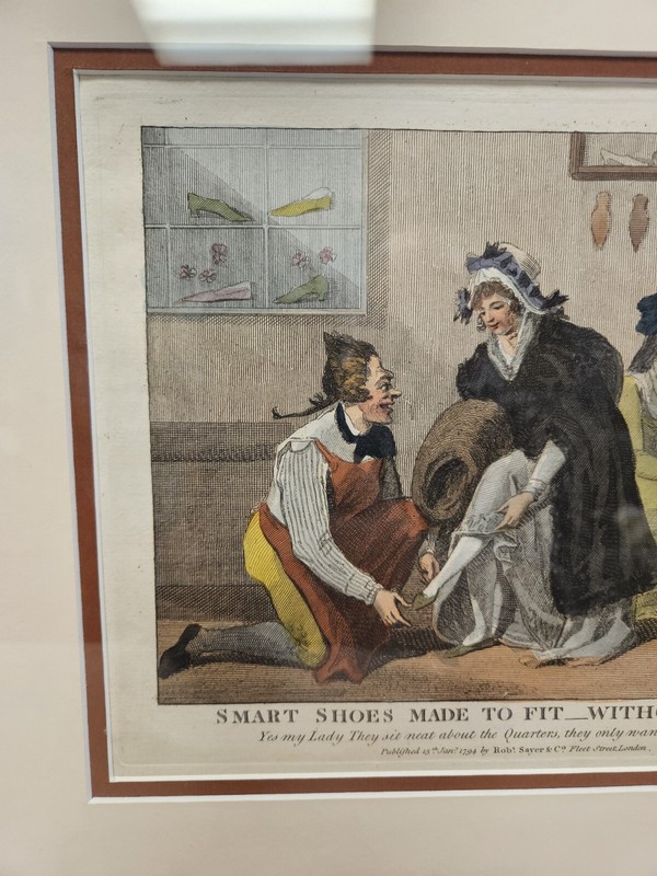 Antique 1794 SMART SHOES MADE TO FIT Robert Sayer Hand Colored Engraving LONDON gallery