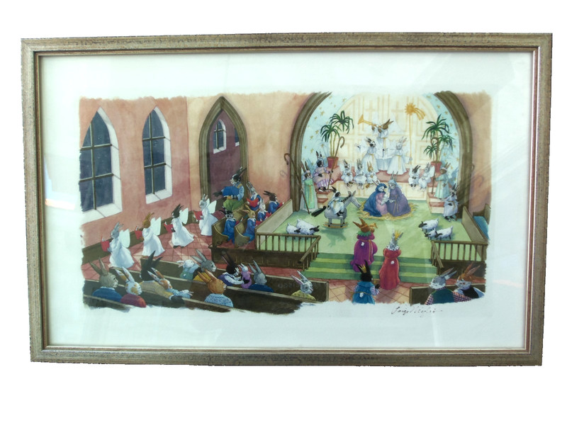 Nativity Church Scene with Rabbit Figures Print! PAIGE MIGLIO! FRAMED! UNIQUE