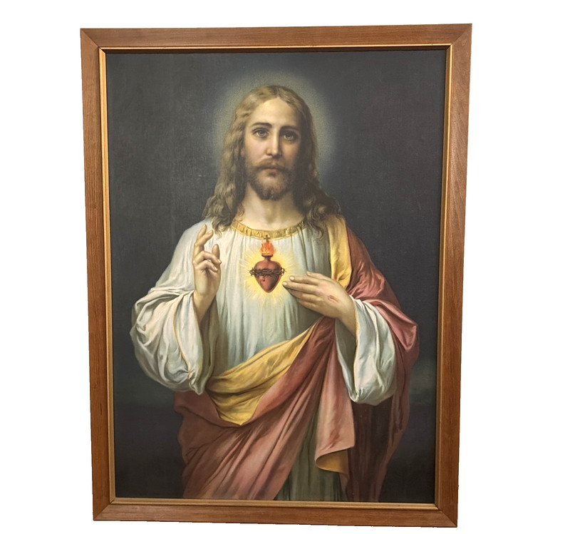 LARGE Vintage JesusSacred Heart Lithograph Print Wood Frame 31×41″